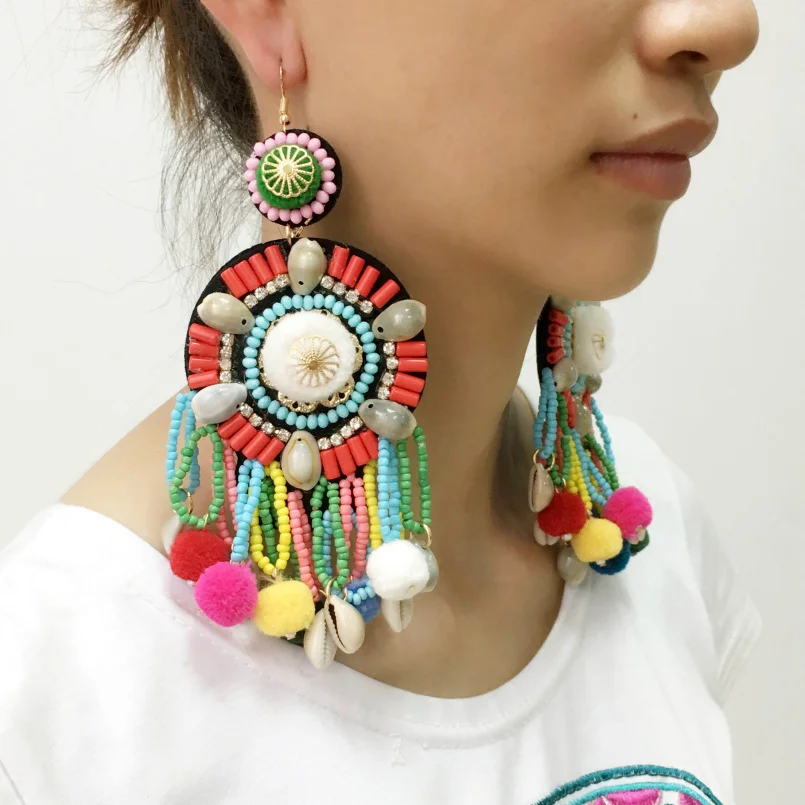 MANILAI Multicolor Pom Pom Beaded Tassel Earrings Boho Jewelry Ethnic Statement Dangle Drop Earrings With Shell Big Pendientes