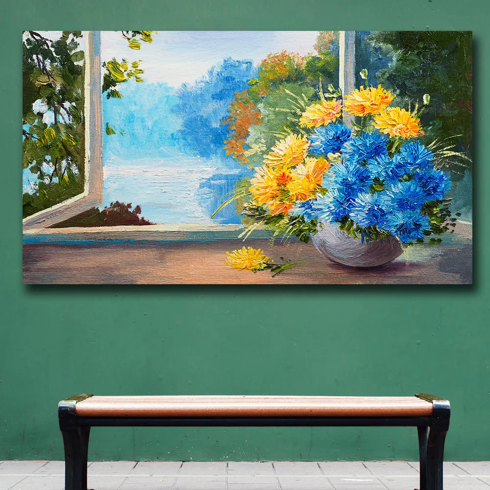 Wxkoil Oil Painting Window of flowers Wall Art Canvas Painting For