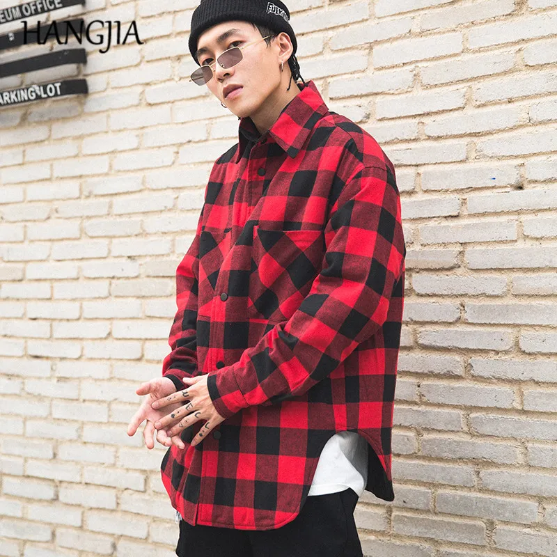 

Red Black Plaid Quilted Cotton Shirt Men 2019 Vintage Hip Hop Plus Thick Tartan Long Sleeve Shirt High Street Loose Clothing