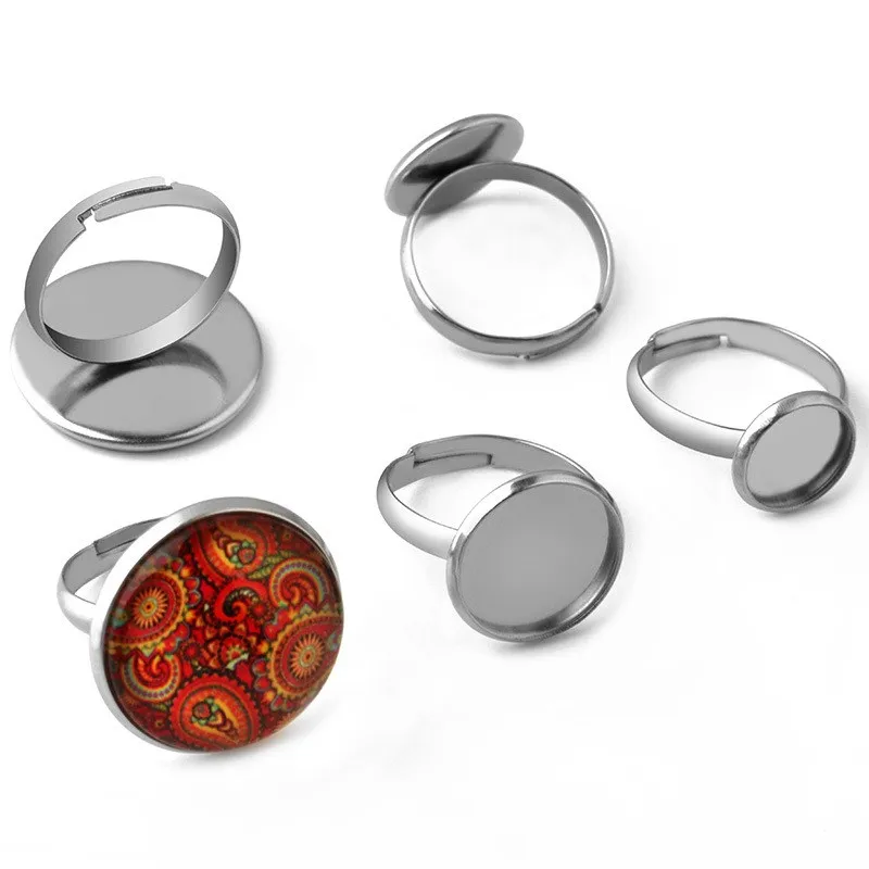 

10pcs Silver Stainless Steel Rings Glass Cameo Cabochon Adjustable DIY Ring Setting Base Finding 8/10/12/14/16/20mm