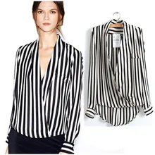 Осенняя модная женская блузка с длинным рукавом с глубоким v-образным вырезом, черно-белая рубашка в Вертикальную Полоску, Женская Повседневная шифоновая рубашка, топы