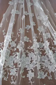 

heavy embroidered lace fabric with 3D flowers, tulle lace fabric with floral embroidery, bridal lace fabric on sale