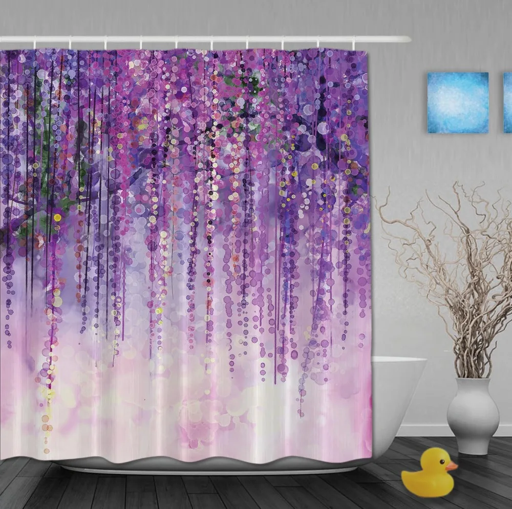 Spring Purple White Flowers Waterproof Fabric Shower Curtain Bathroom w/ Hooks 