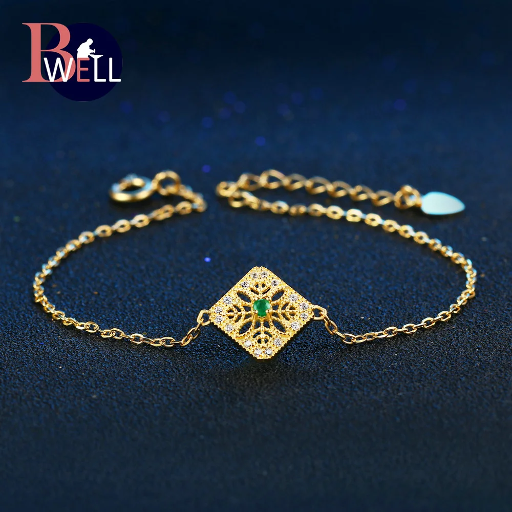 

Bwell BWHI003 Hollow Natural Gemstone Emerald Bracelets & Cuff 925 Sterling Silver Fine Jewelry 14K Yellow Gold Plated For Women