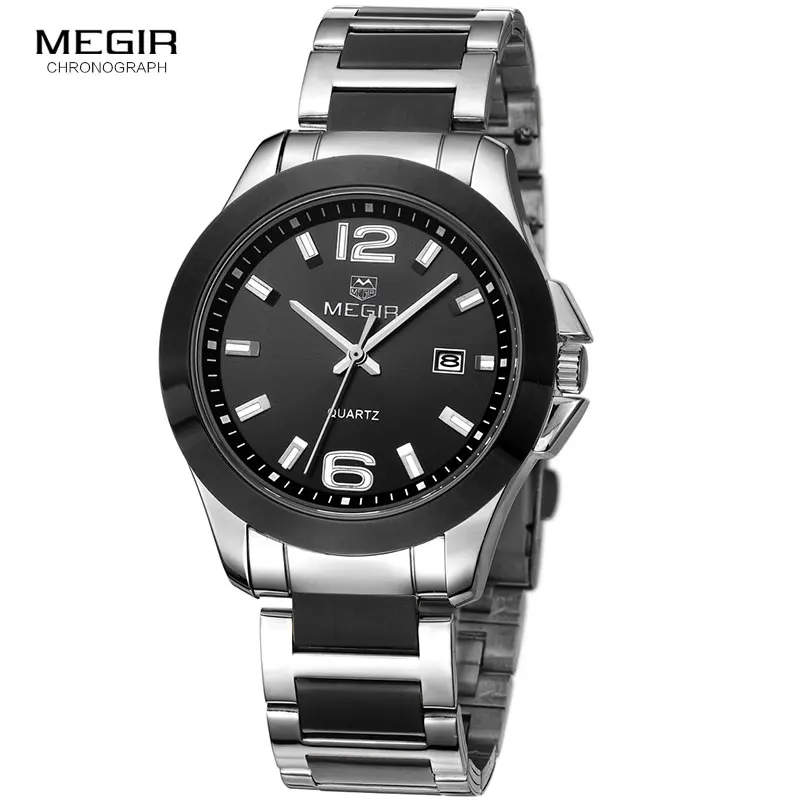 MEGIR Мужские Простые минималистичные Стальные кварцевые наручные часы, черные Серебряные аналоговые нарядные часы Relogios для деловых мужчин 5006G-BK-1 - Цвет: MS5006G-Silver-Black