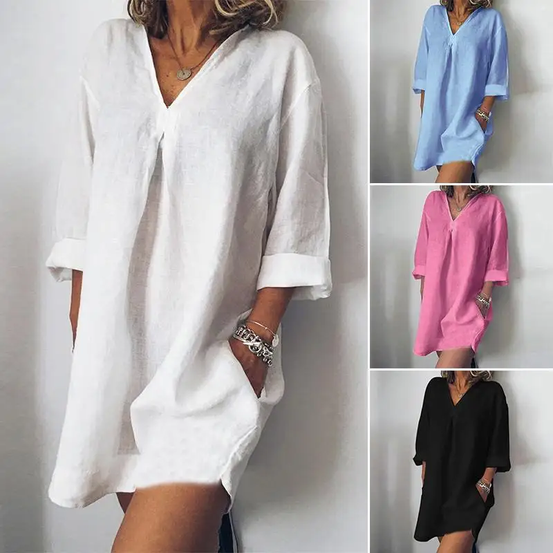 

Fashion ZANZEA 2019 Summer Shirts Blouses Sexy V-Neck Mini Vestidos Women Cotton Tunic Tops Casual Pockets Blusas Chemiser Mujer