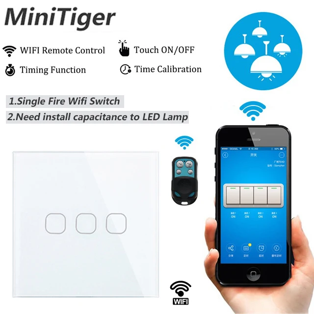 

Minitiger EU/UK Smart Wifi Wall Light Touch Switch 1 2 3 Gang Touch/WiFi/433 RF/APP Remote Smart Home Wall Touch Switch
