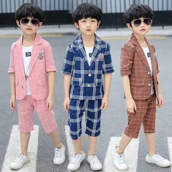 

Boys Blazer Suits Set Suit + Pants + Vest 3pcs Kid Boy Wedding Party Plaid Tuxedos Clothing Set Short Sleeve Pants