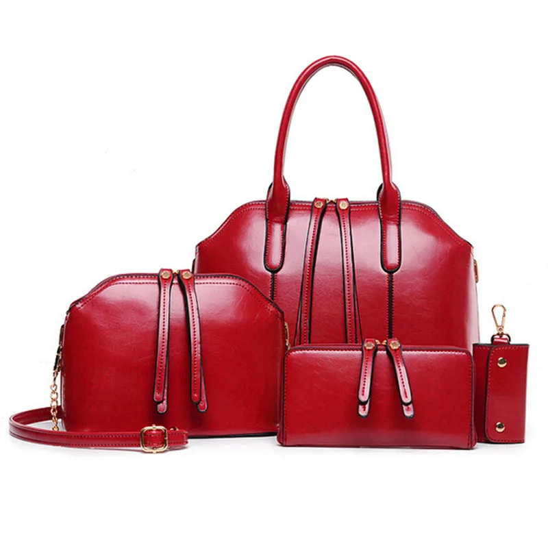 High Quality Wax oiled Composite leather Bag Women Handbag Shoulder Crossbody Bag Handbag+Messenger Bag+Purse+Wallet 4 sets