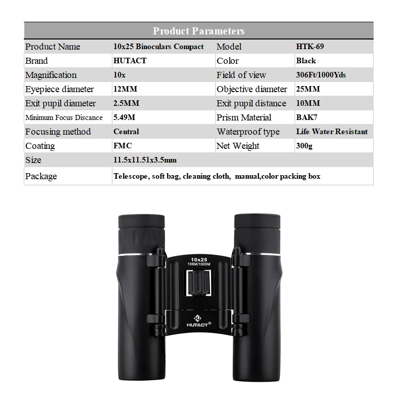 HUTACT Мини бинокль Компактный телескоп для охоты 10x25 FMC детский игрушечный бинокль Telescopio дорожный карманный размер