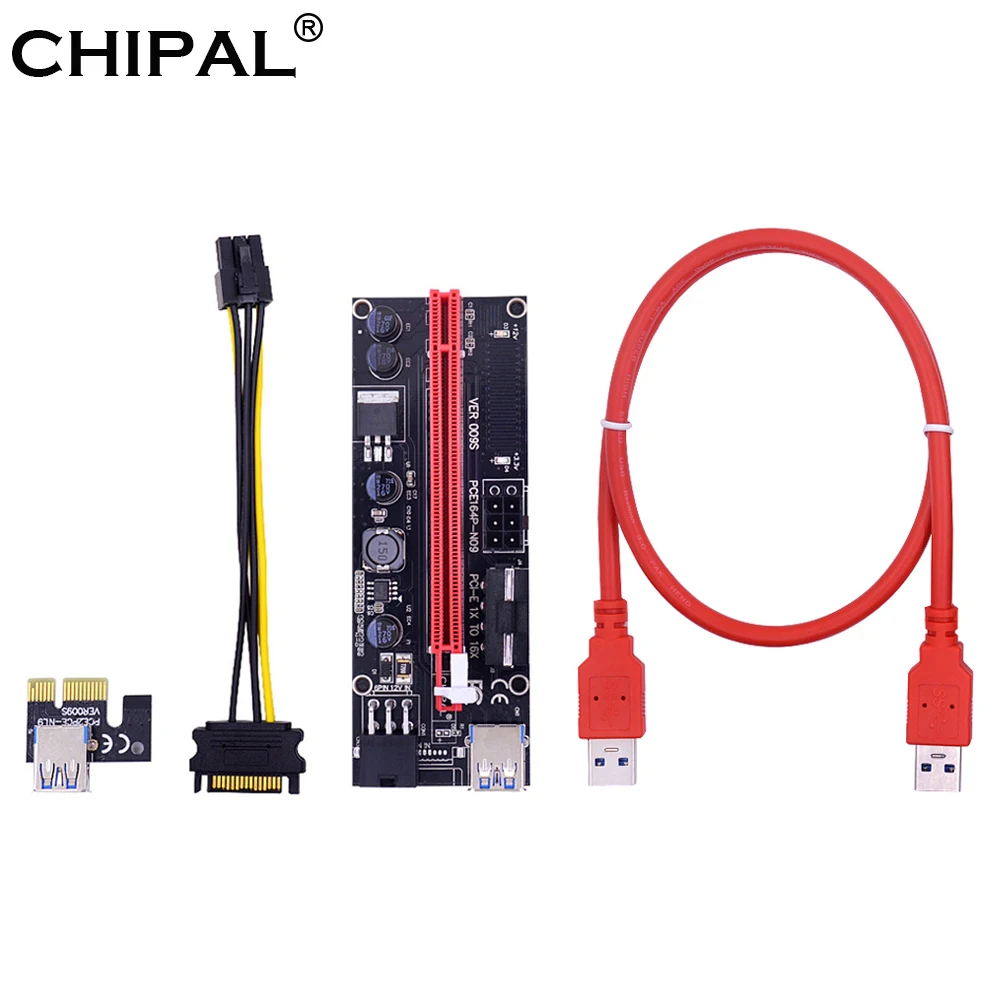 

CHIPAL Dual LED VER009S PCI-E Riser Card 009S PCI Express 1X to 16X 0.6M USB 3.0 Cable 6Pin Molex Power for Bitcoin Miner Mining