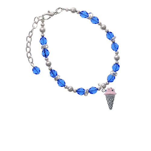 Silvertone 3-D Resin Strawberry Ice Cream Cone with Crystals Royal Blue Beaded Bracelet
