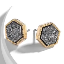 

Huidang Fall Color Mini Hexagon Gold Rim Imitation Fake Druzy Stone Earring Stud Post Earring