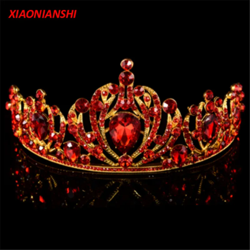 Luxury Red Crystal Bridal Crown Tiaras Hair Jewelry Vintage Gold Diadem