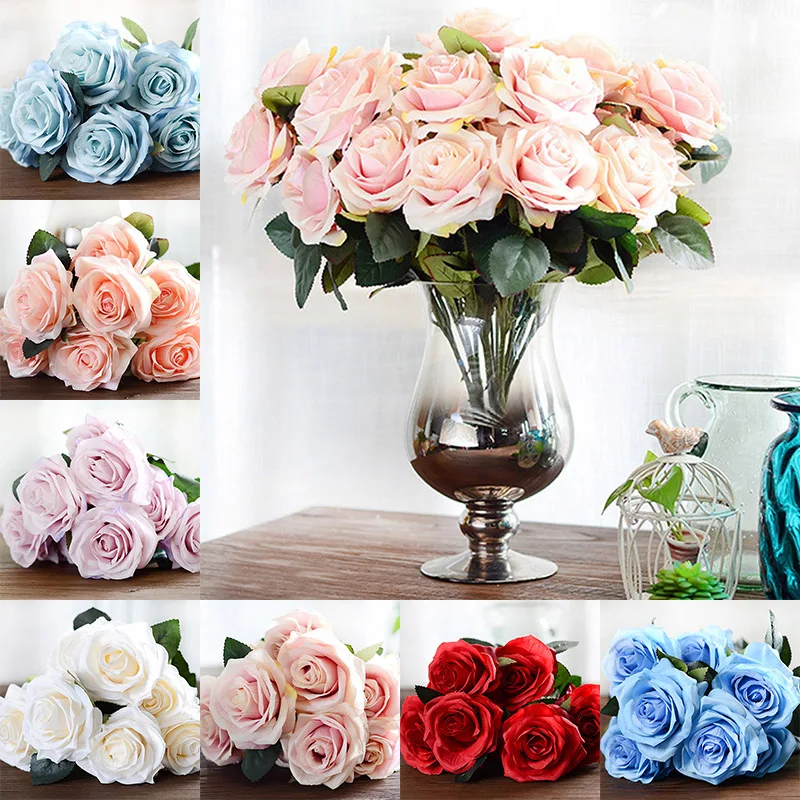

1 Bunch 10 Heads Simulated Rose Cloth Roses Home Decoration Wedding Party Gift Decoration Pink/red/white/blue/Champagne