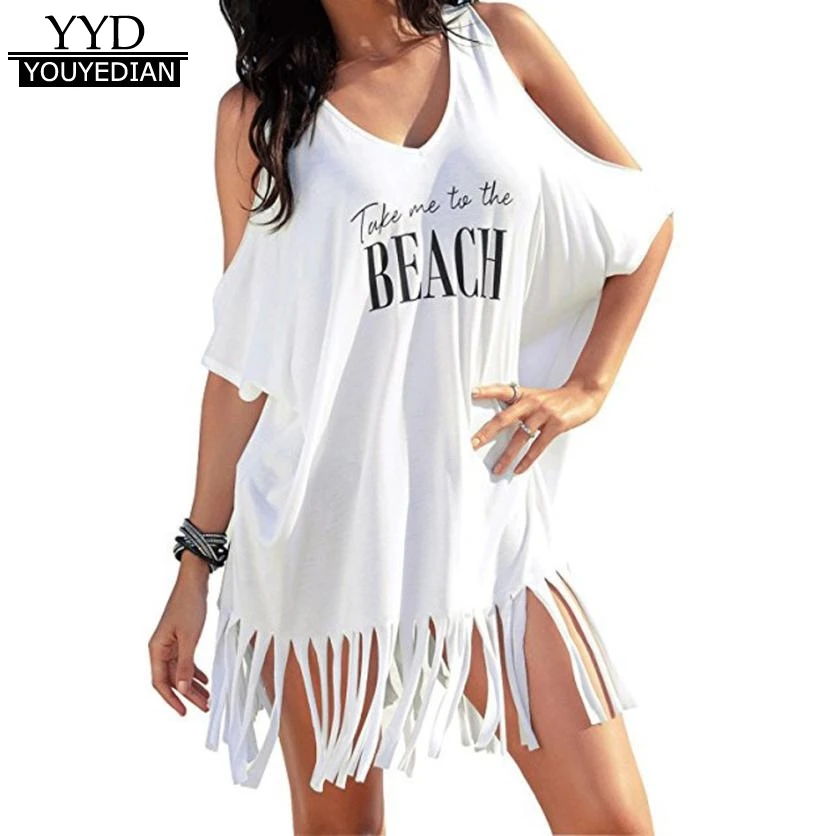 

Summer 2018 Womens Cold Shoulder T Shirts Tassel Letters Print Casual Loose Beach Cover T-shirts Vrouwen White/Black *305