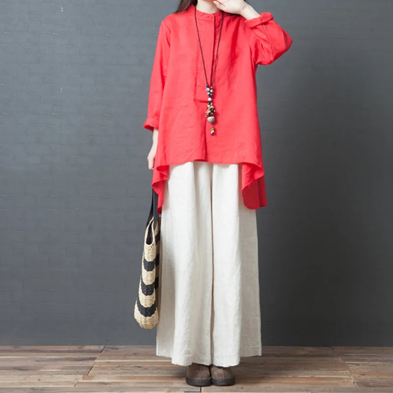Johnature, женские рубашки в Корейском стиле, 4 цвета, блузки, свободные, со стоячим длинным рукавом, хлопок, лен, для женщин,, весенние топы и рубашки - Цвет: Красный