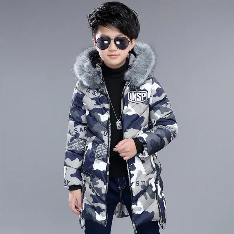 Winter jackets for boys kids thick hooded fur collar down jacket