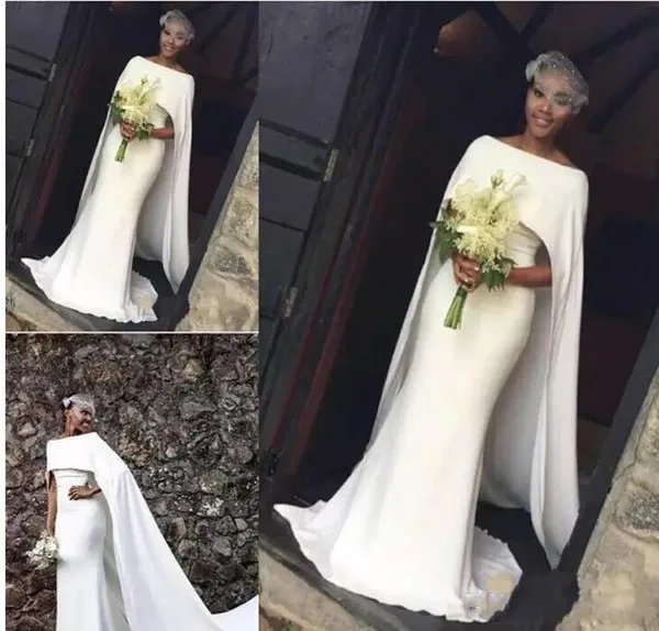 2018 Latest Satin Mermaid Wedding Dresses for Black Girl With Cape Zipper Back Arabic Bridal Dress Wedding Gowns