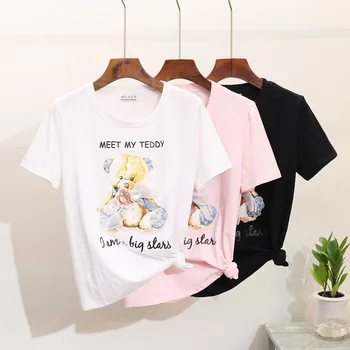

219 Spring and Summer New Nail Pearl Sequins Cartoon Bear Printed Short-sleeved T-shirt Women's Fashion Top Cotton Basic Tees