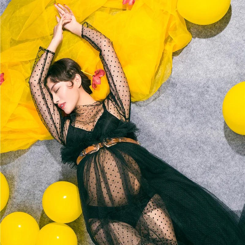 Pregnancy Photo Shoot Lace Dress Maternity Long Sleeve Photography Plus Size Black Dress Pregnant Women Picture Shoot Clothes