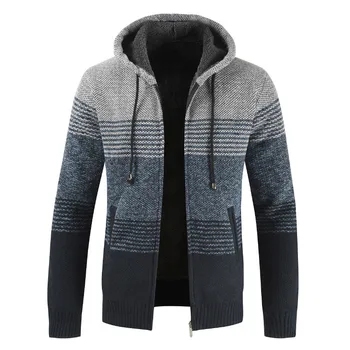 

2018 men's autumn and winter new stitching color matching sweater cardigan coat plus velvet thickening clothing cardigan