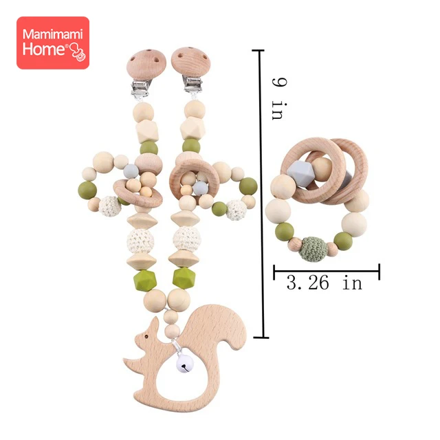Детский деревянный Прорезыватель для зубов, 1 набор, зажим для детской коляски, бук, грызун, гимнастическая игра, персонализированное имя, соска, цепь, жевательный браслет, детские товары, игрушка - Цвет: Green Set 3
