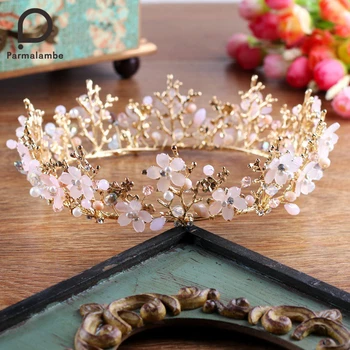 

Parmalambe Baroque Bridal Tiara Crown European Gold Flower Bride Hairabnd Headpieces Rhinestone Wedding Hair Accessory