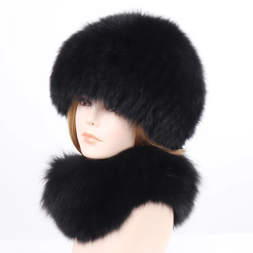 Новая роскошная натуральная лисий мех шапка шарф женская зимняя теплая натуральная шапка из меха лисы для девушек хорошая эластичная вязаная шапка из меха лисы - Цвет: BLACK