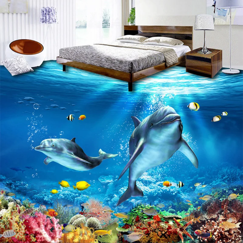 

Custom Mural Wallpaper 3D Underwater World Dolphins Floor Tiles Sticker Bathroom Bedroom PVC Self Adhesive Wear Papel De Parede