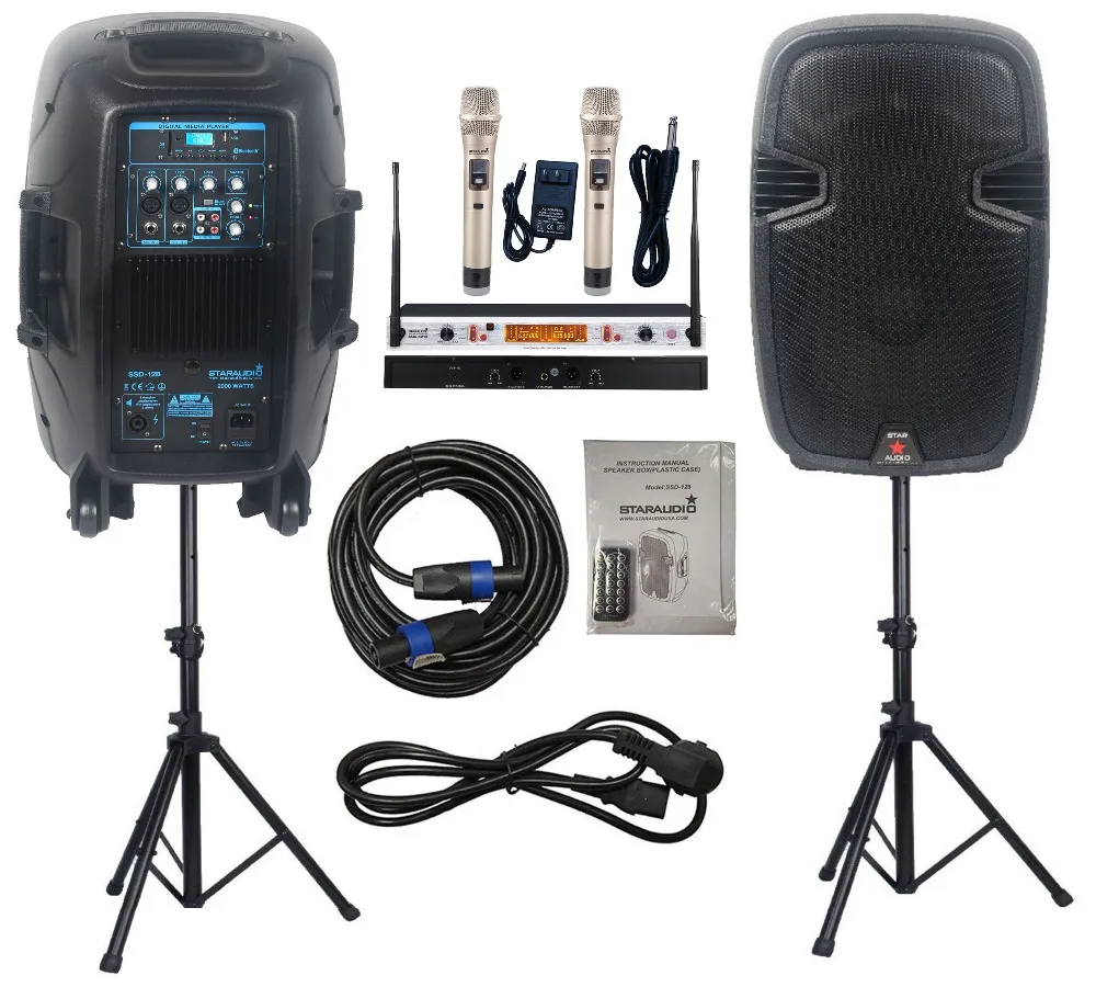 

STARAUDIO Pair 12" 2000W Powered PA DJ Karaoke Speakers Stage Bar Speaker Stands 2CH UHF IR Wireless Handheld Microphone SSD-12B