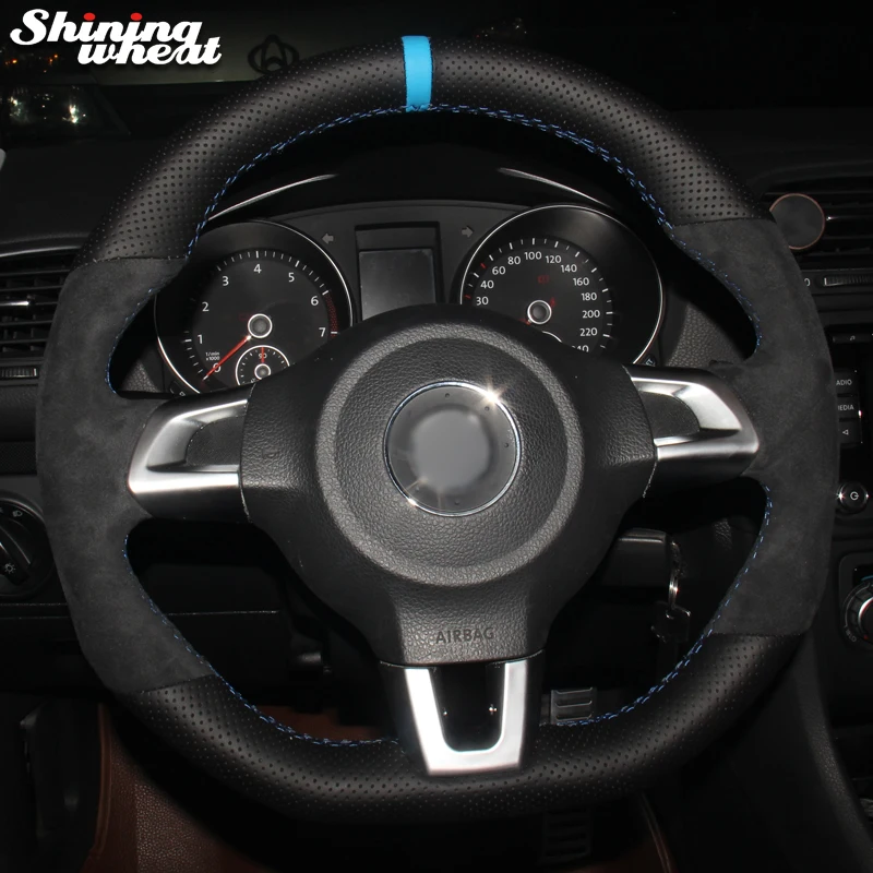 Shining wheat Black Suede Blue Marker Steering Wheel Cover for