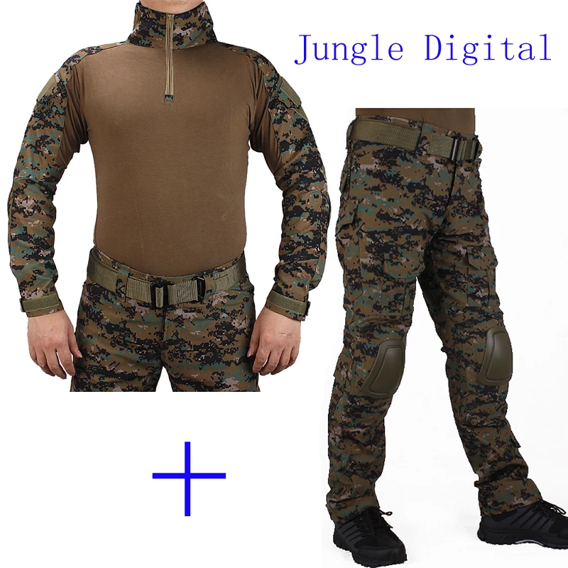 

Hunting Camouflage BDU JD Combat uniform shirt met Broek en Elbow & KneePads militaire cosplay uniform ghilliekostuum jacht