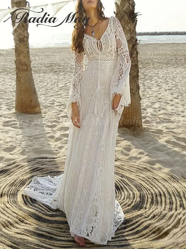 Us 139 2 20 Off 2019 Vintage Ivory Bohemian Lace Beach Wedding Dress Long Sleeve V Neck Mermaid Boho Bridal Gowns Country Hippie Wedding Dresses In