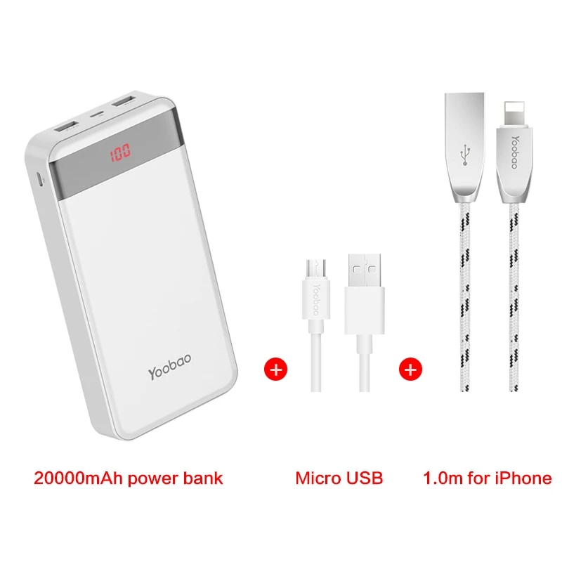 Yoobao внешний аккумулятор 20000 мАч 2 USB быстрая зарядка портативный внешний аккумулятор для iPhone X 8 7 6 5 4 Внешний аккумулятор для Xiaomi Mi A1 Макс телефонов - Цвет: White add cable