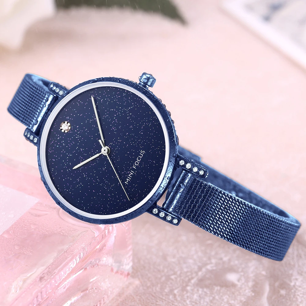 

MINIFOCUS Top Brand Luxury Casual Women Watches Quartz Analog Clock Blue Ultra Thin Mesh Strap Diamond Dress Ladies Wristwatches