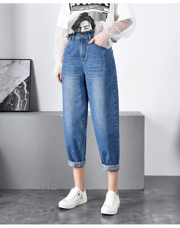 Повседневное джинсы штаны-шаровары для женщин высокого Капри по талии женские новые модные большие размеры синий весна-осень хлопок tyn0911