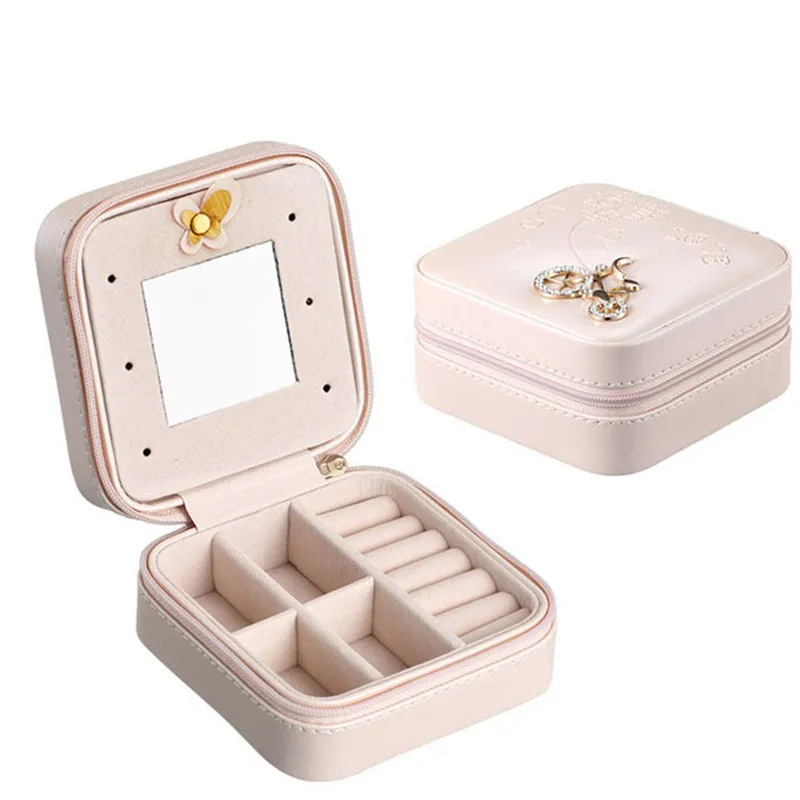 Портативный из искусственной кожи упаковка для ювелирных коробок Ювелирные изделия Чехол макияж Органайзер косметическая коробка и зеркало путешествия серьги кольцо шкатулка коробка для хранения - Цвет: Pink
