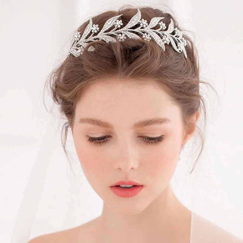 

Luxury Silver Crystal Leaf Vine Bridal Tiaras Wedding Headband Hair Accessories Rhinestone Pageant Prom Crown Bride Head Jewel