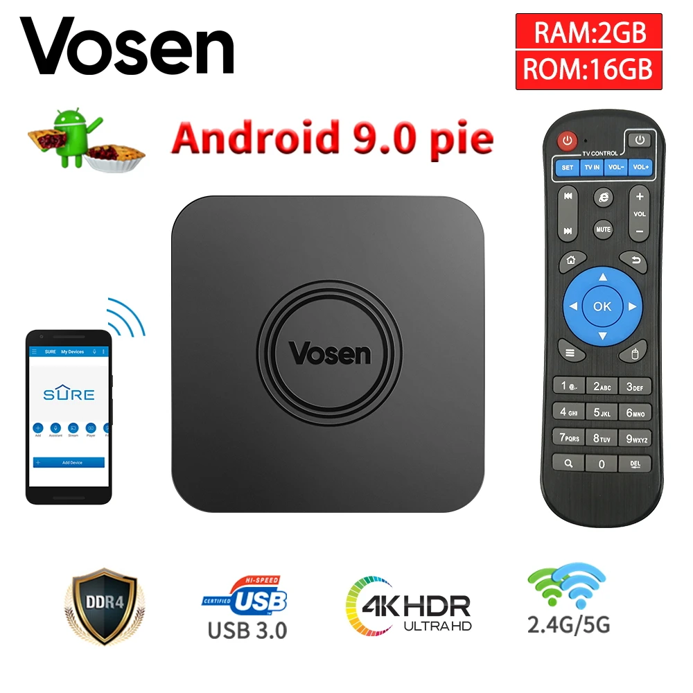 VOSEN V1 2 Гб DDR4 16 Гб rom умный дом ТВ коробка с IOT Z-WAVE Android 9,0 2,4G/5G WiFi USB 3,0 4K телеприставка