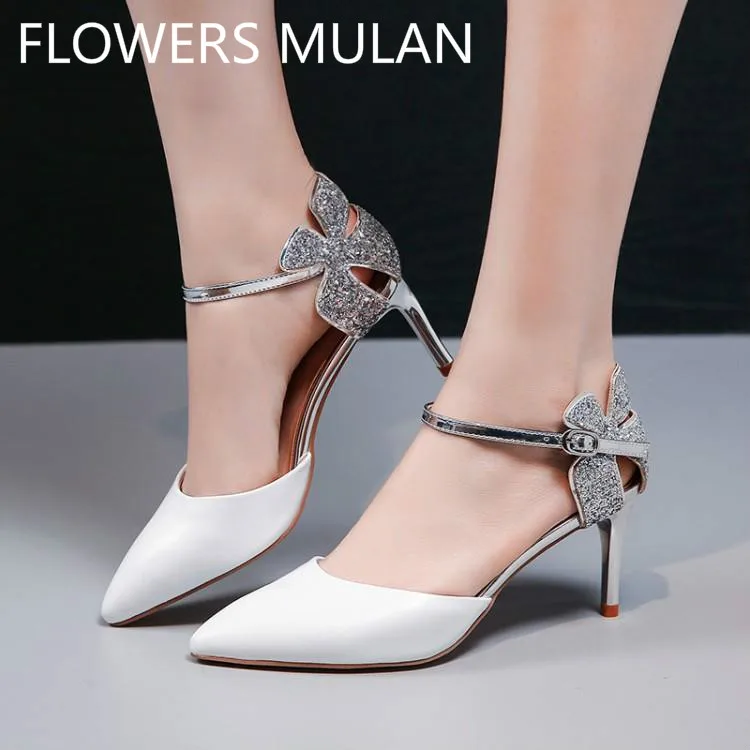 

Patchwork White Leather Pointed Toe Sequined Cut-outs Floral Cover Back High Heels Mary Janes Lady Pump Party Stiletto Shoes
