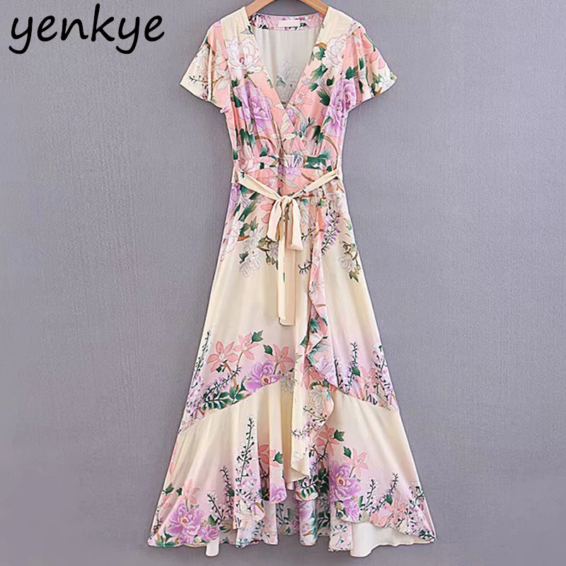 

Summer Dress Women Floral Print Ruffle Beach Boho Dress Female V Neck Short Sleeve With Belt Casual A-line Long Dress LJPZ8827
