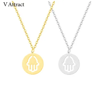 

V Attract 10 Luck Jewelry Hamsa Hand Necklace Stainless Steel Geometric Choker Gargantilha Round Collane Donna Femmer Bijoux