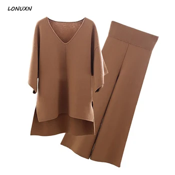 

Two Piece Sets Brown Casual Women V-neck short sleeve tops + shorts ladies temperament Korean fashion wide leg pants suit female