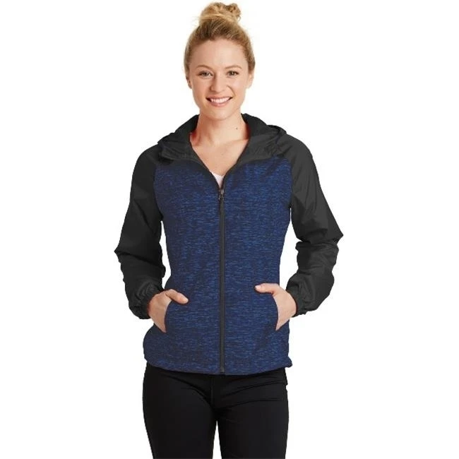 Sport-Tek LST40 Ladies Heather Colorblock Raglan Hooded Wind Jacket True Royal Heather & Black - Medium