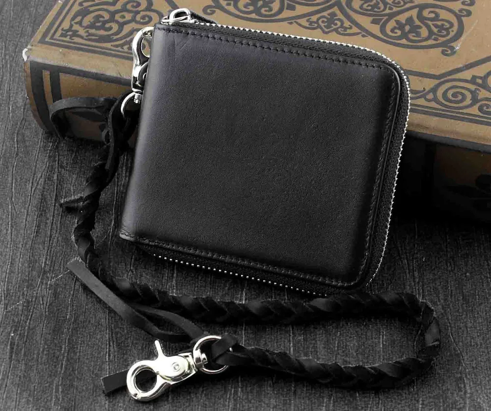 Biker Motorcycle Men Genuine Leather Zipper Money Card Wallet With Chain Black 1-in Wallets from ...