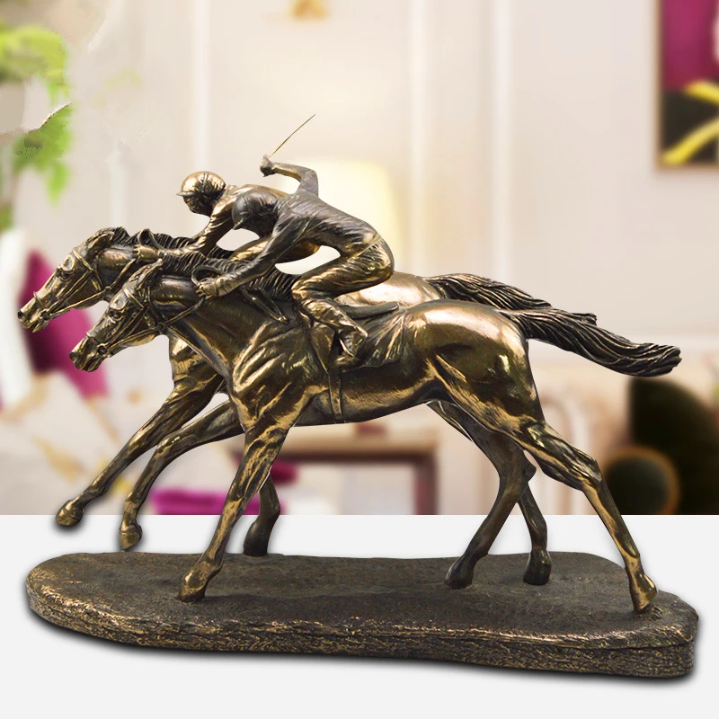 الرجعية واحدة الحصان سباق تمثال الحيوان الفارس الراتنج و النحاس الفن والحرف المنزل الديكور هدية تذكارية رياضية L3214