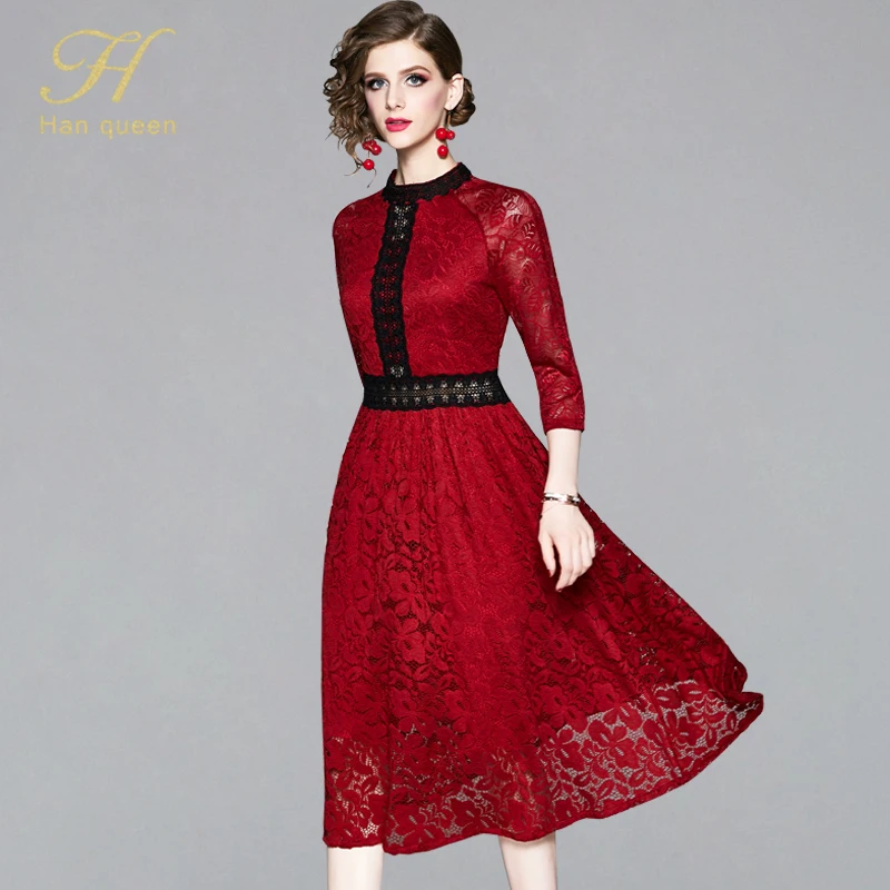 

H Han Queen 3/4 Sleeve Lace Patchwork A-line Swing Dress Women 2019 Summer Elegant Hollow Out Dresses OL Vintage Work Vestidos