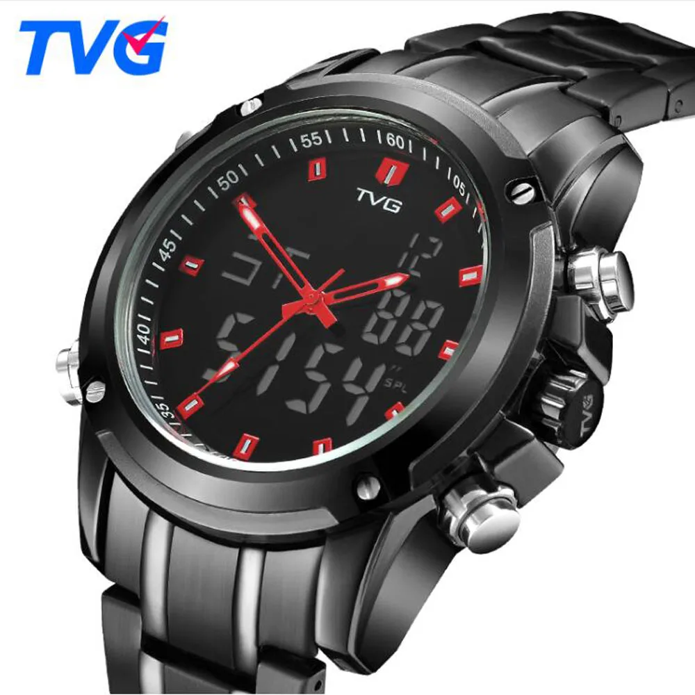 TVG Men Watches Military Sports Dual Display Quartz Watch Men Waterproof LED Digital Full Steel Wri