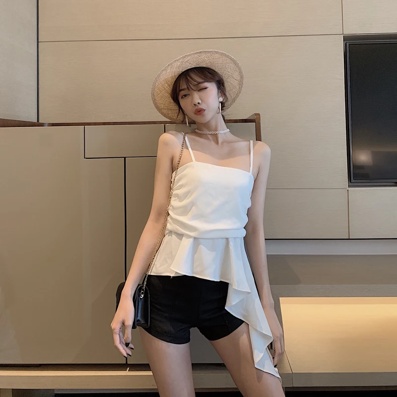 Women's Clothing Tees Tanks Camis summer new crop top women strapless retro sexy Self-cultivation ruffles solid spaghetti strap